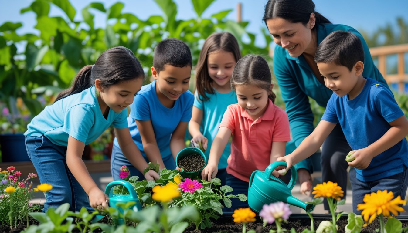 A group of children gardening outdoors with an adult, planting and watering plants in a school garden.