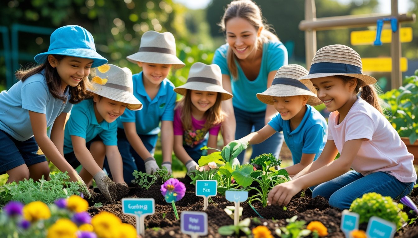 Children gardening outdoors with an adult teacher, planting flowers and vegetables in a school garden.