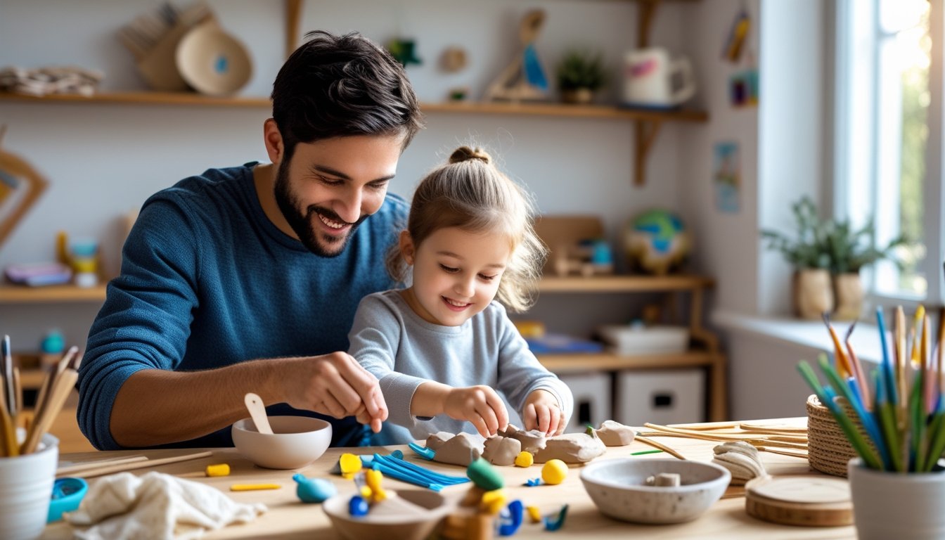 A parent and child working together on a craft project at a wooden table in a bright home learning space.