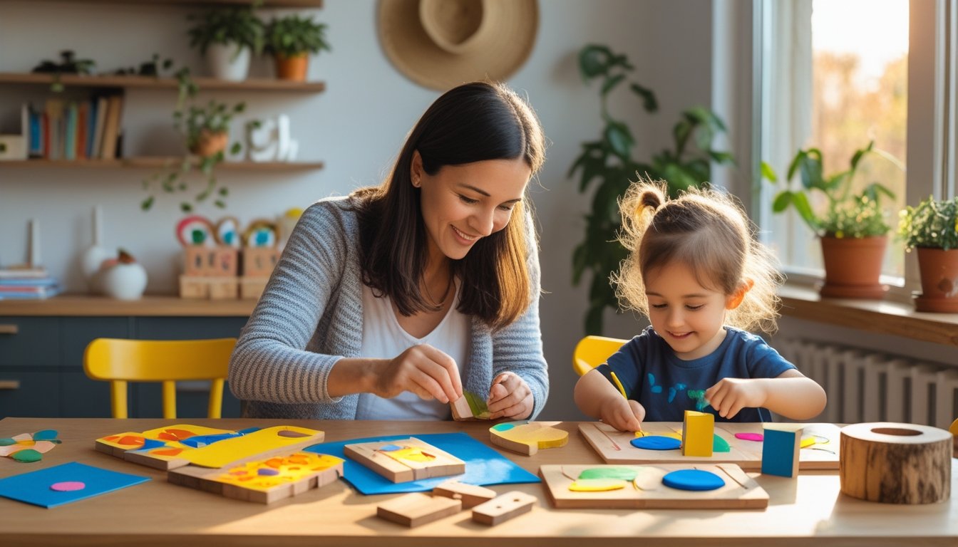 A parent and child working together on a hands-on craft activity at a wooden table in a bright home learning space.