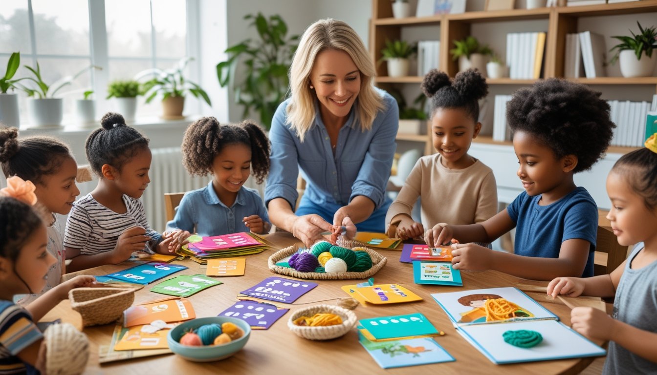 An adult teaching children using handmade educational materials at a wooden table in a bright home learning space.