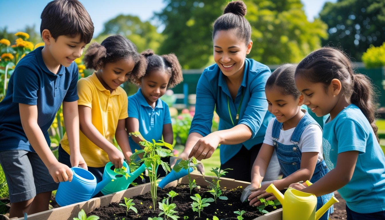 Children planting seeds in a school garden with a teacher guiding them outdoors on a sunny day.