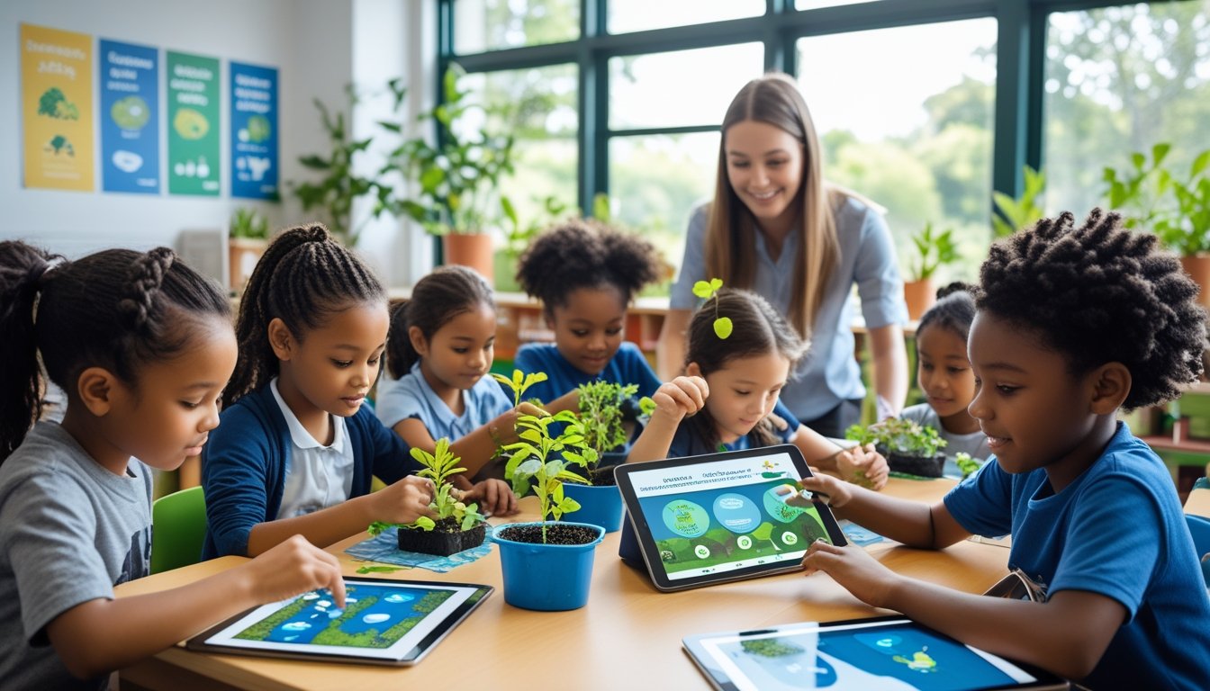 A group of children working together on eco-friendly projects in a bright classroom with plants and educational materials about the environment.