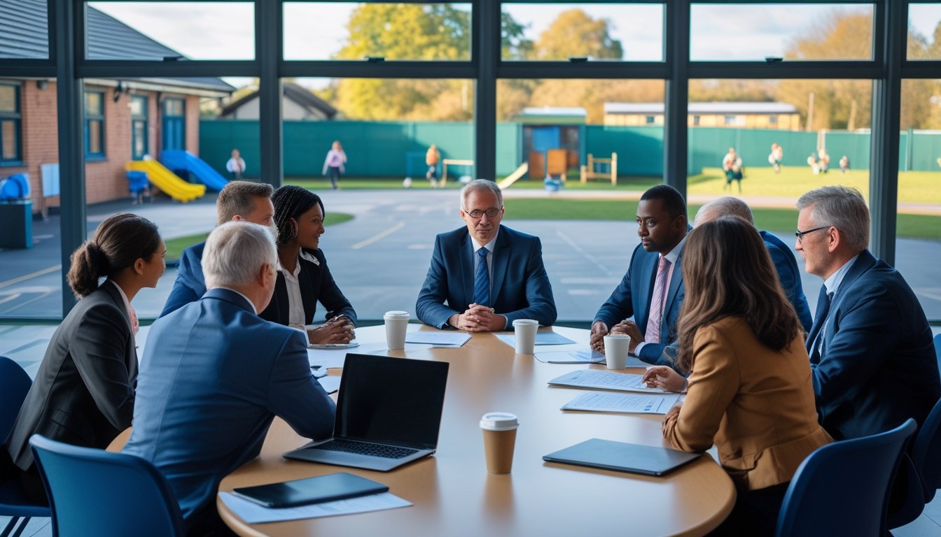A diverse group of people sitting around a table in a school meeting room, discussing documents and laptops with a school playground visible through the windows.