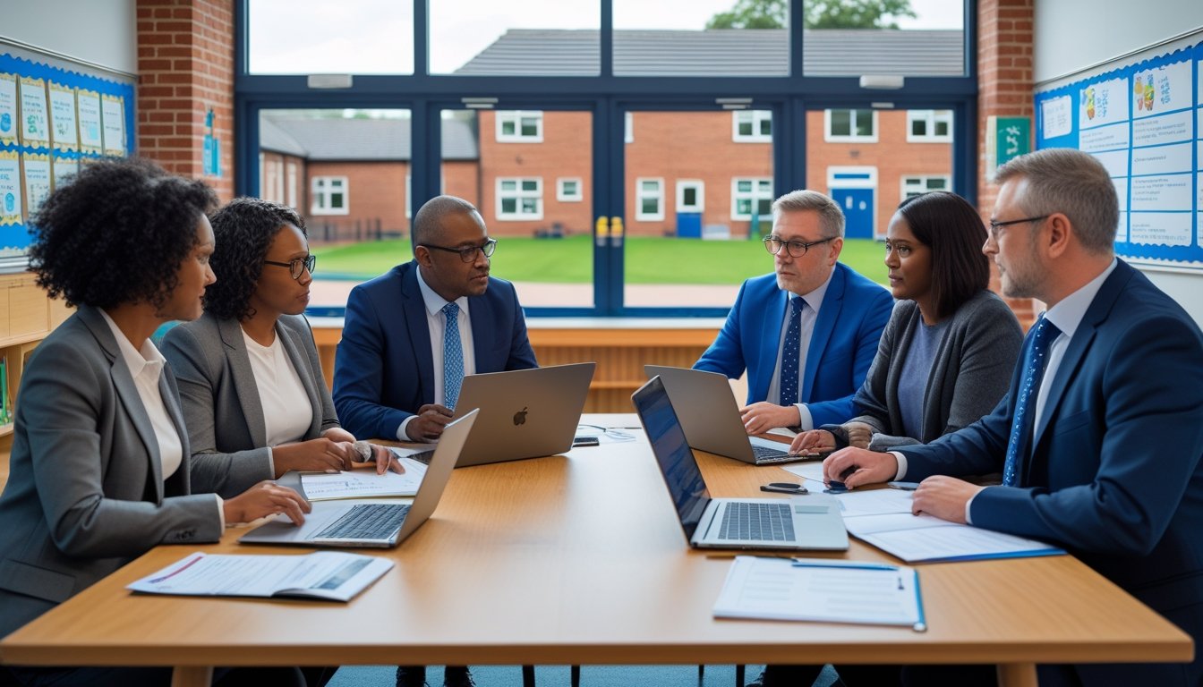 A group of school governors having a meeting in a school office with laptops and documents on the table.