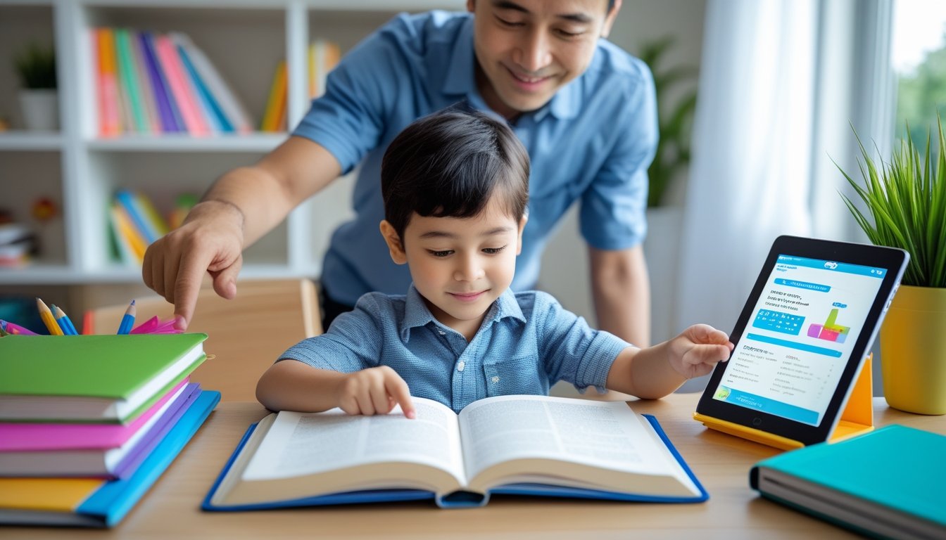 A child reading a book at a desk with educational materials while a parent guides them in a bright home study area.