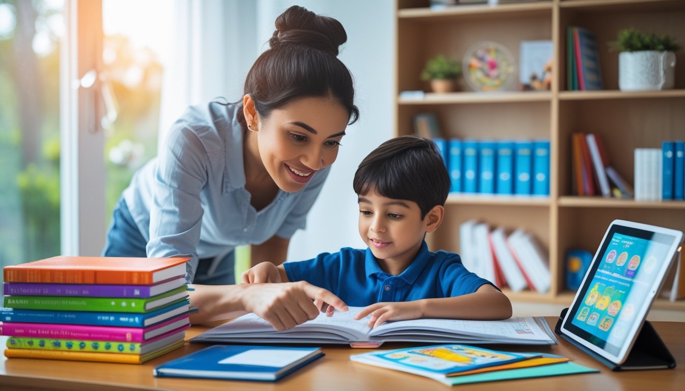 A parent and child selecting study materials together at a desk filled with books, notebooks, and a tablet in a well-lit room.