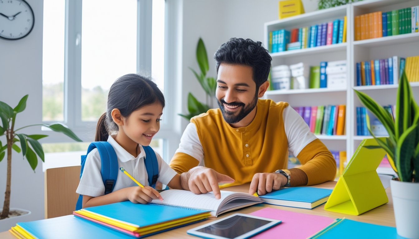 A parent and child choosing study materials together in a bright, organised study room.