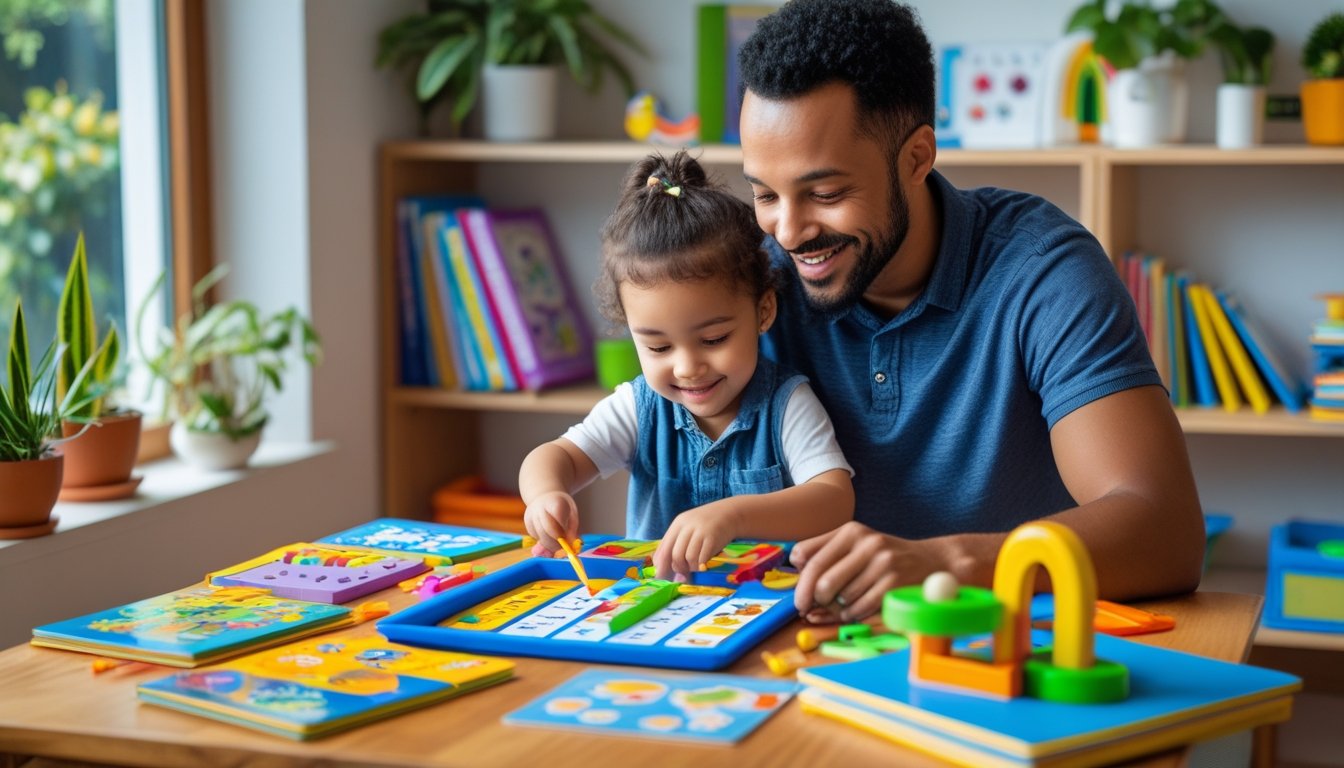 A parent and child sitting at a table in a well-lit room, working together on educational activities with books and puzzles.
