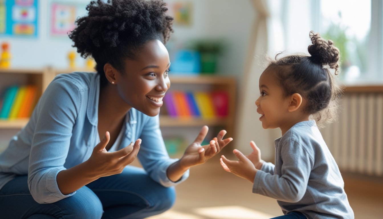 An adult and a young child talking and smiling together in a bright room with toys and books.