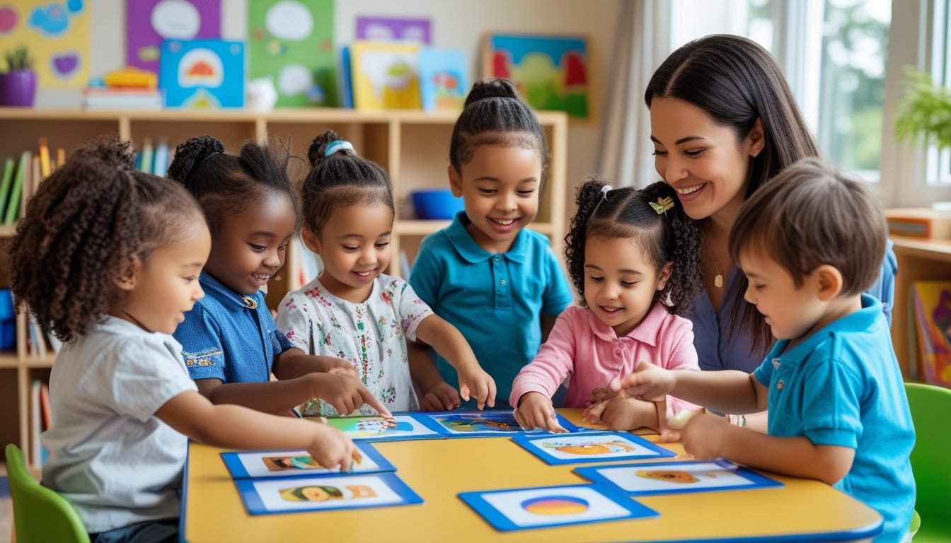 A childcare educator interacting with young children using picture cards and books to support language development in a bright classroom.