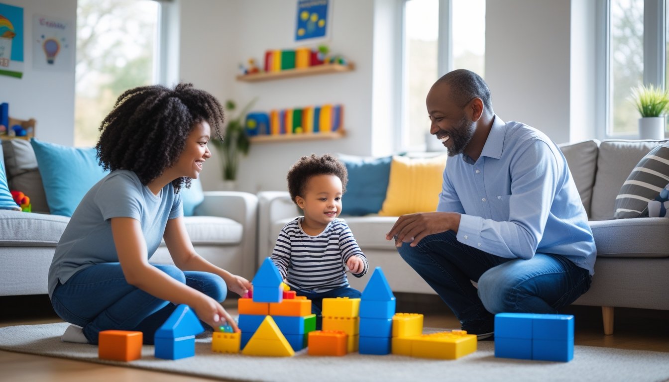 A young child playing with building blocks on the floor while two adults engage and talk with the child in a bright living room.