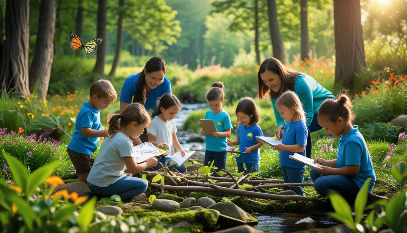 Children and adults exploring a forest clearing, examining plants and engaging with nature together.