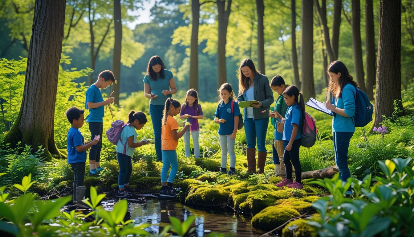 A group of people exploring a sunlit forest, observing plants and taking notes during a nature walk.