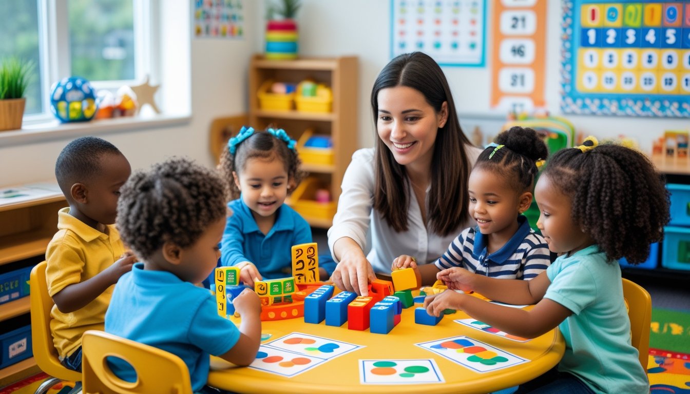 Young children sitting around a table with a teacher, using number blocks and counting materials in a bright classroom.