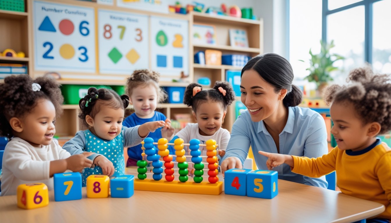 Young children playing with number blocks and counting toys in a classroom while a teacher helps them learn.