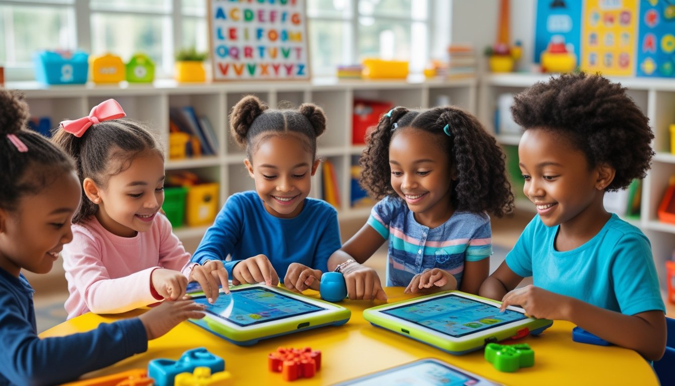 Young children using tablets in a colourful classroom, smiling and engaged in learning activities.