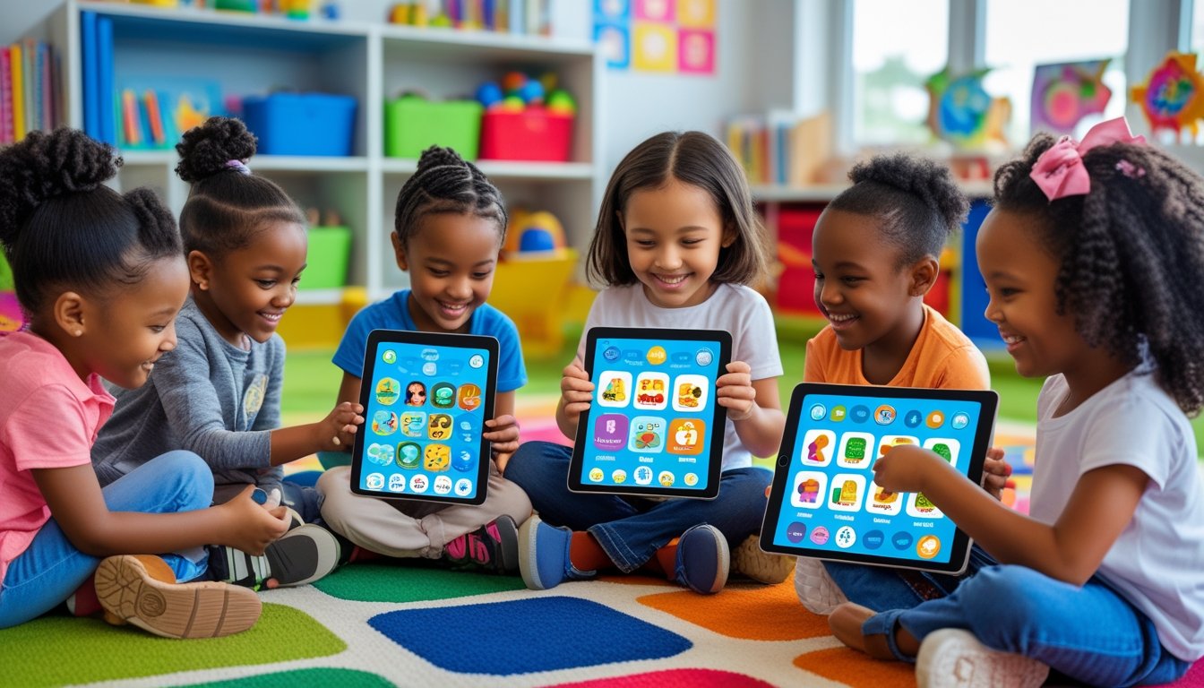A group of young children using tablets and smartphones with educational apps in a bright classroom, smiling and interacting together.