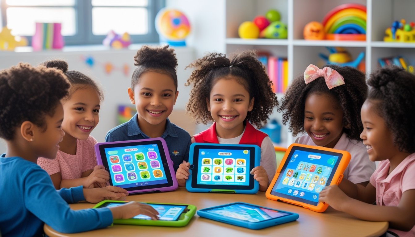 A group of children using tablets in a classroom filled with educational toys and books.