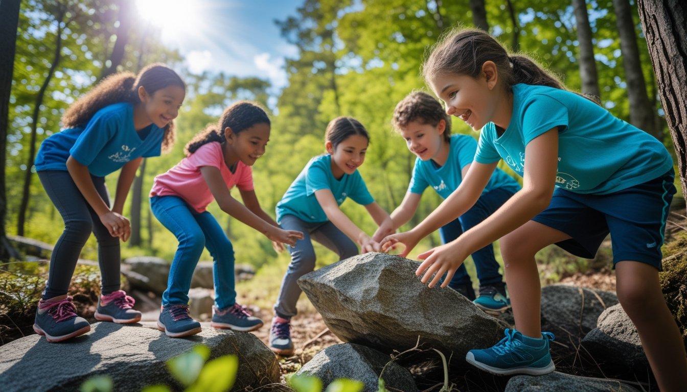 A group of children exploring and climbing rocks together in a sunny forest, showing teamwork and curiosity.
