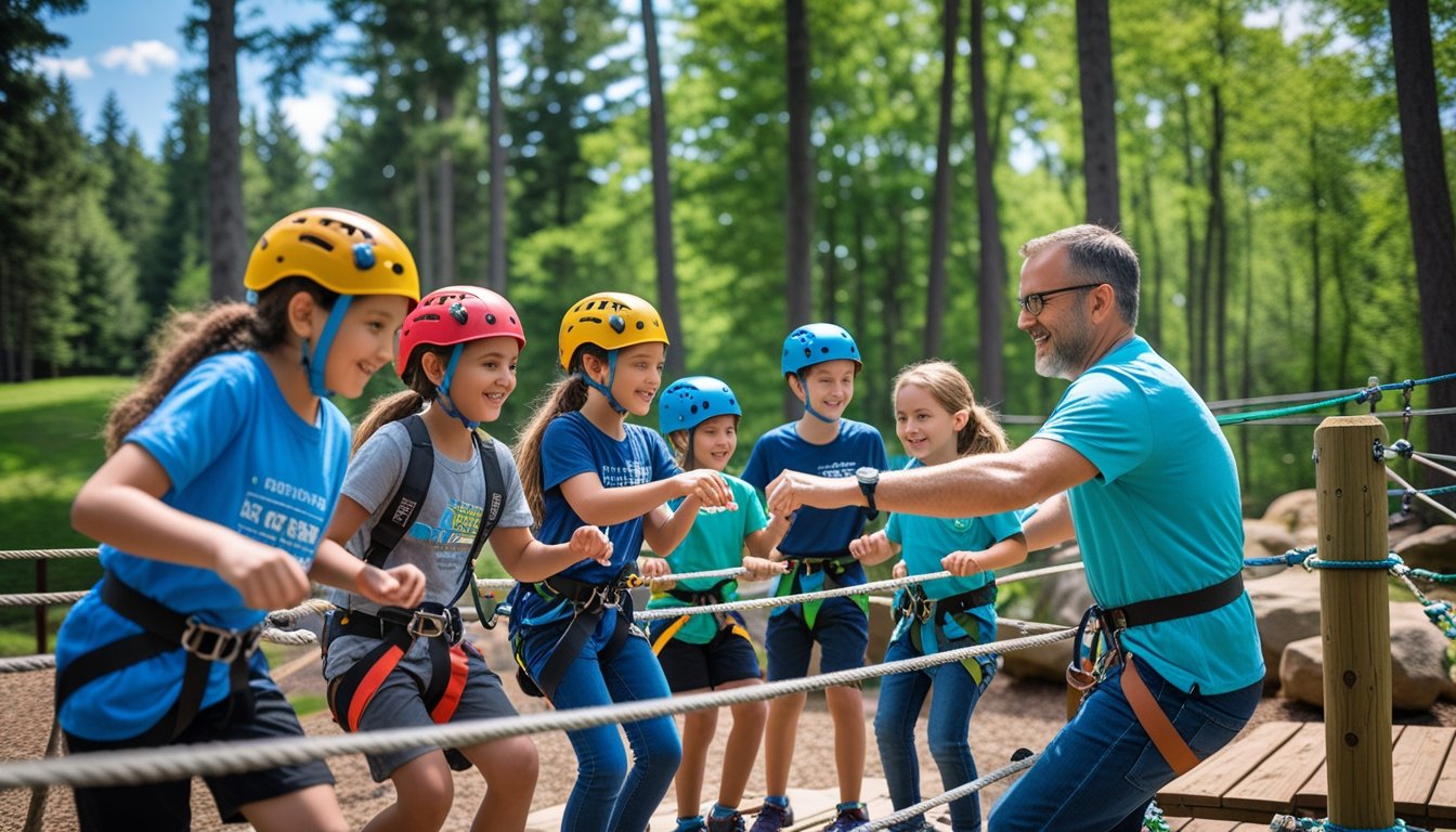 Children participating in an outdoor adventure learning activity on a ropes course in a forest, guided by an adult instructor.