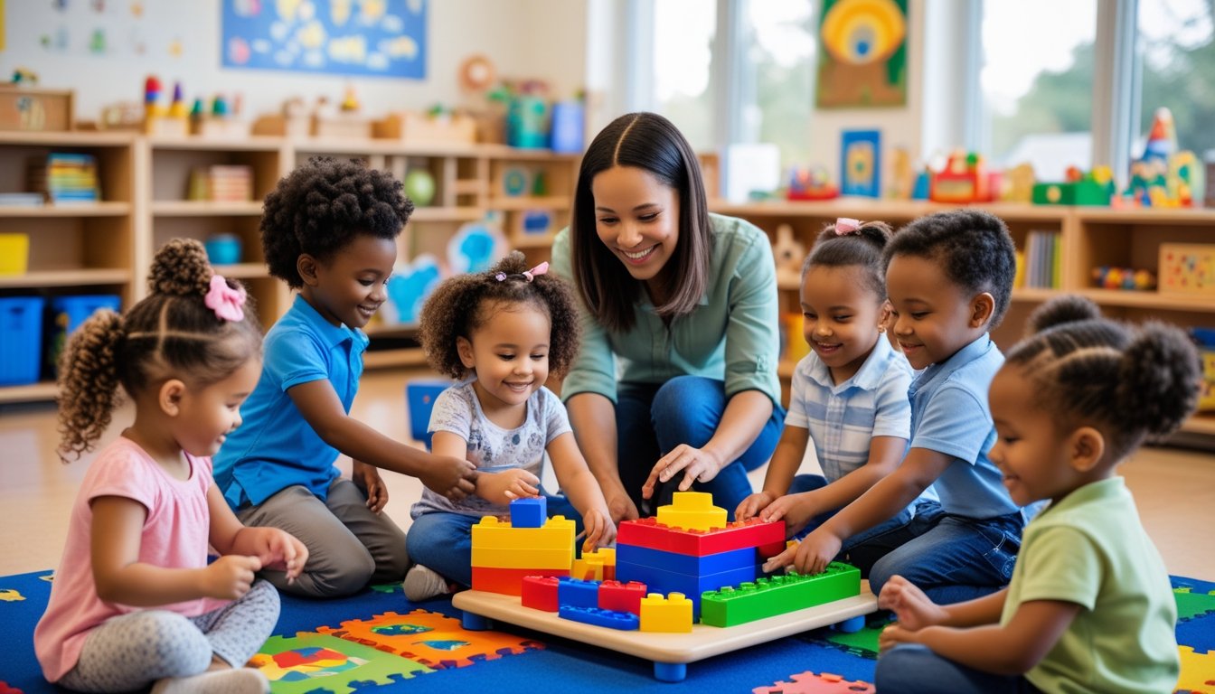 Young children playing and working together around a table in a bright classroom with a teacher supporting them.