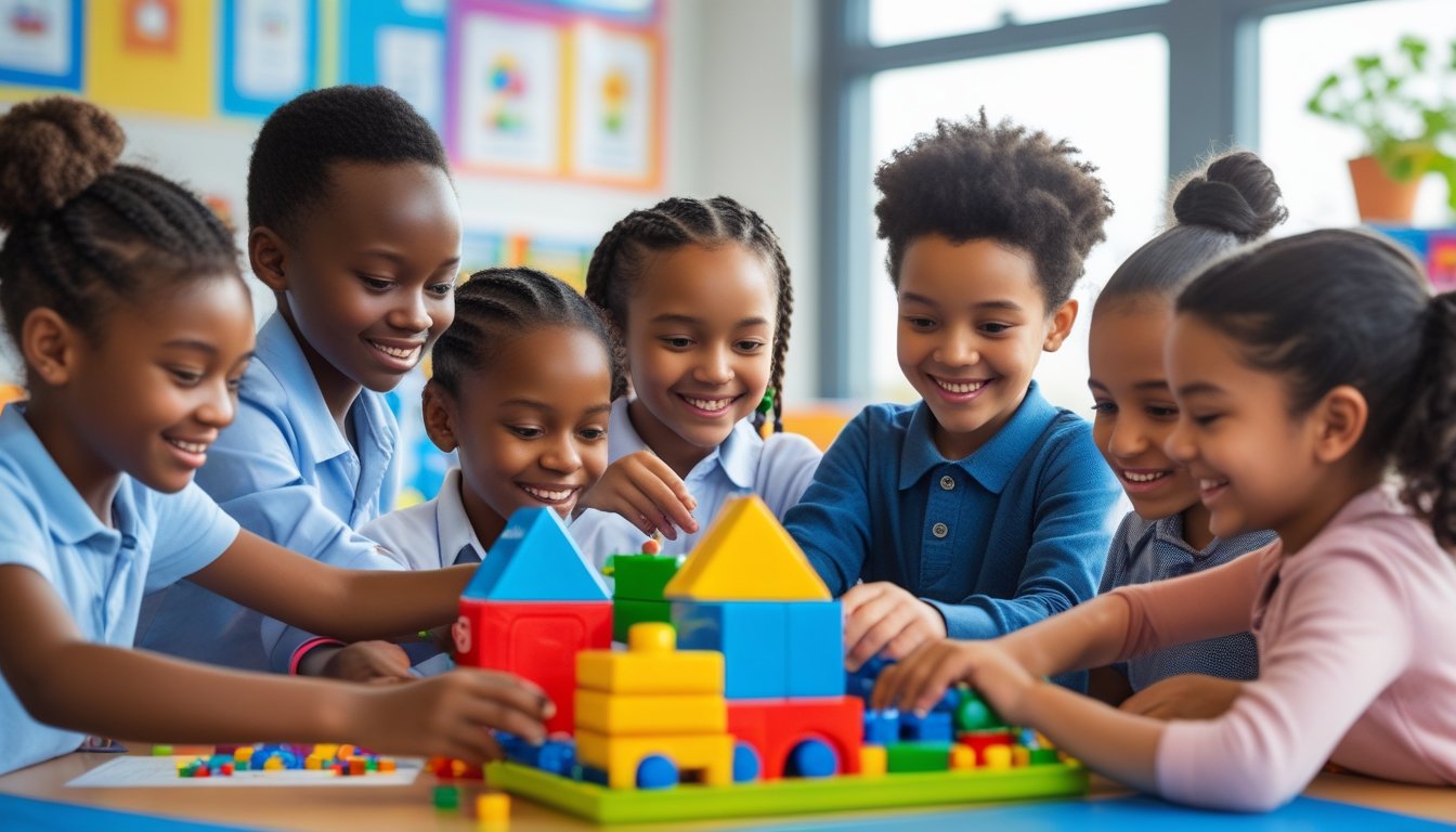 Young children working together on a creative project in a bright classroom, smiling and cooperating.