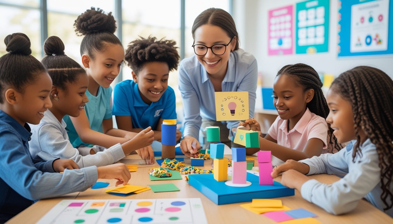 Children working together on a creative project in a classroom with a teacher guiding them.