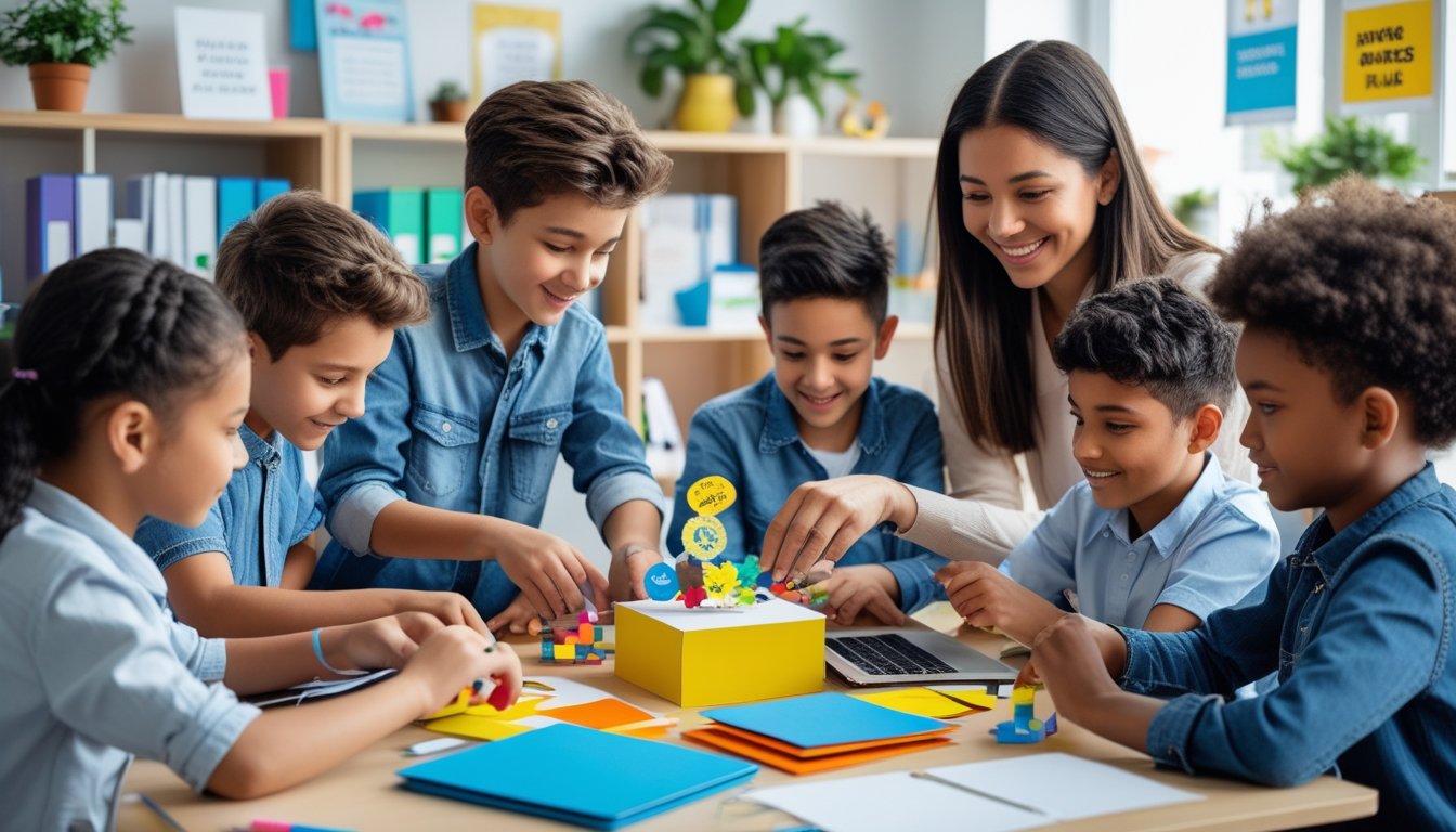 Children working together on creative projects with an adult mentor in a bright classroom.