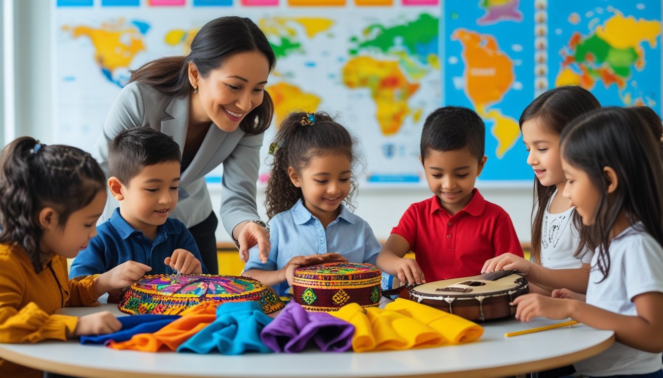 A diverse group of young children and a teacher exploring cultural artefacts together in a classroom.