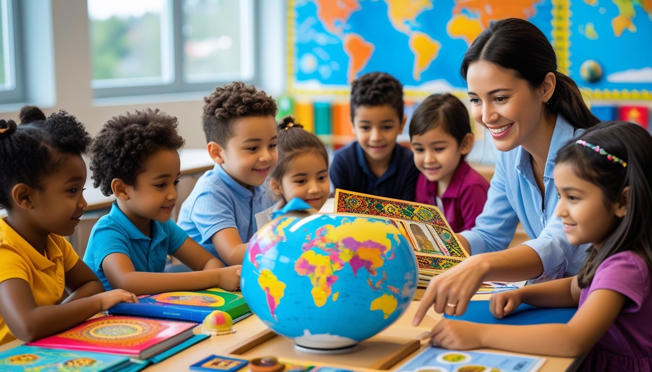 A group of diverse children and a teacher learning about different cultures around a table with books and a globe in a bright classroom.