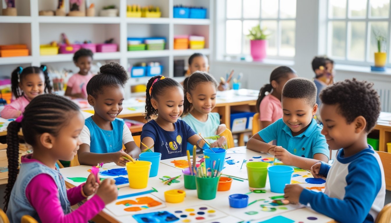 Children sitting around a table engaged in mindful art activities with paints and brushes in a bright classroom.