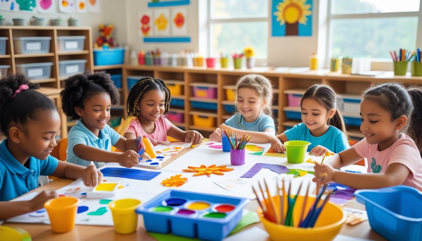 Children sitting around a table engaged in art activities with colourful supplies in a bright classroom.