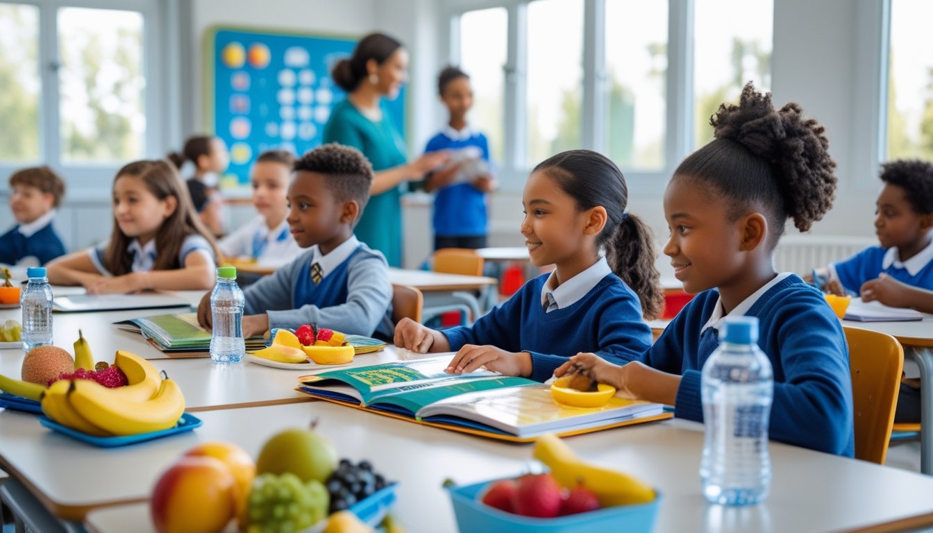 Children in a classroom eating healthy snacks while studying with a teacher guiding them.