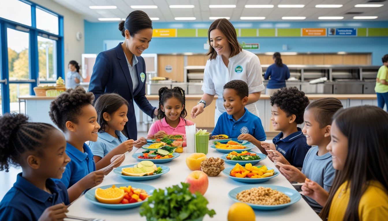Children and school staff interacting in a bright school cafeteria where children eat healthy lunches.