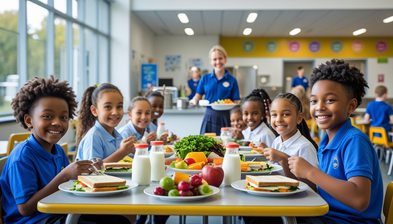 Children eating healthy meals together at a school lunch table with a staff member serving food in a bright cafeteria.