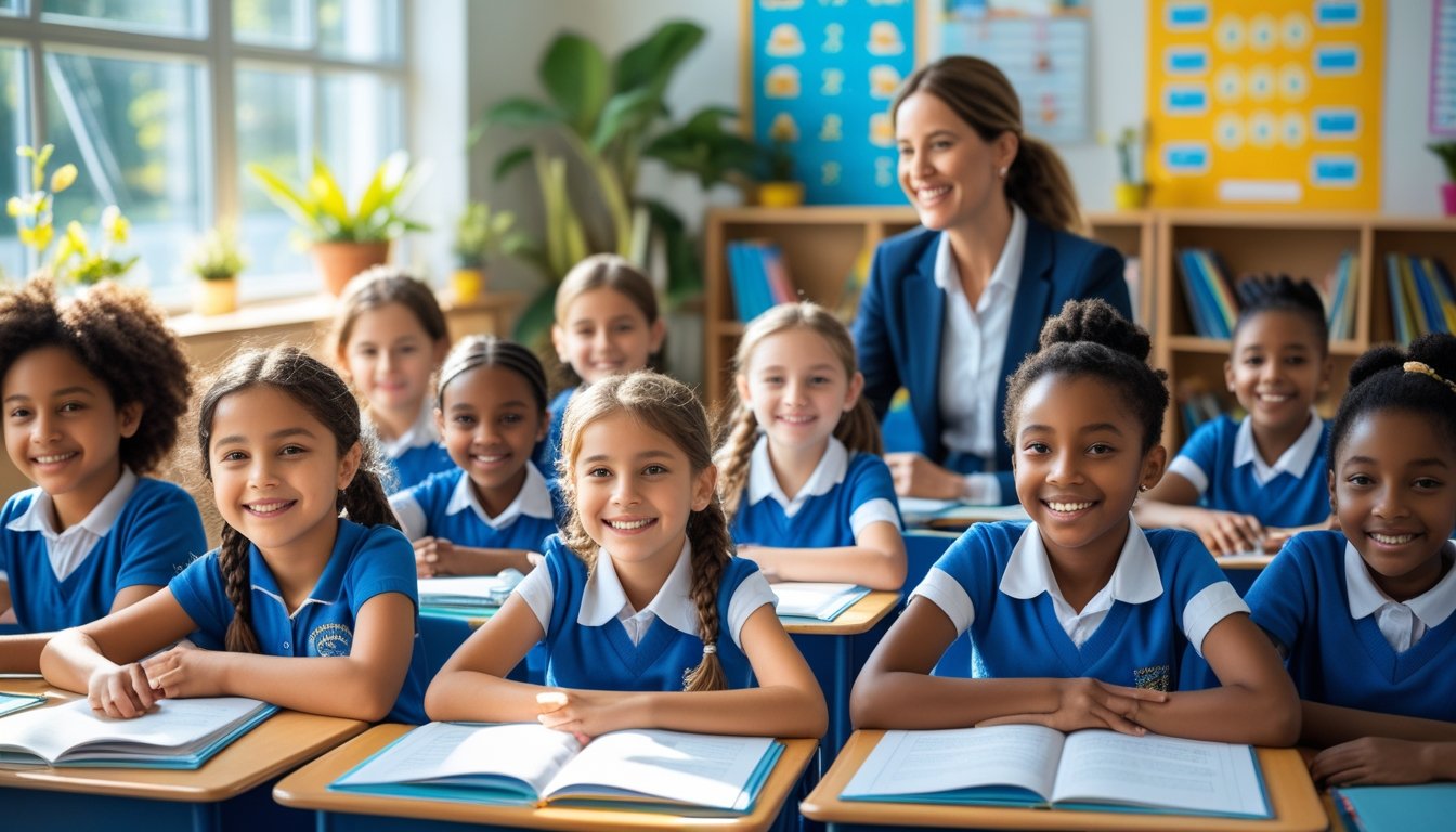 A group of well-rested school children attentively listening to their teacher in a bright classroom.