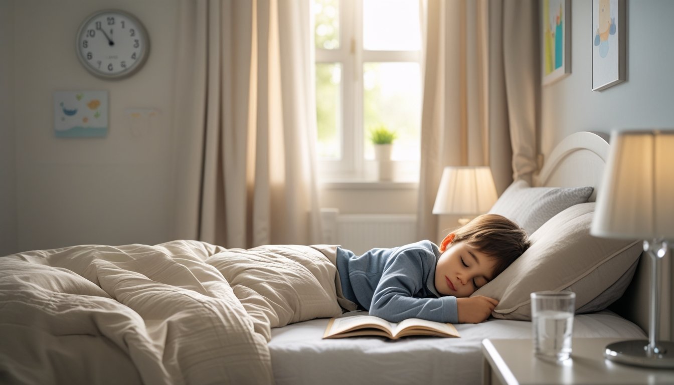 A young child sleeping peacefully in a softly lit bedroom with a bedside table holding a lamp, water, and a book.
