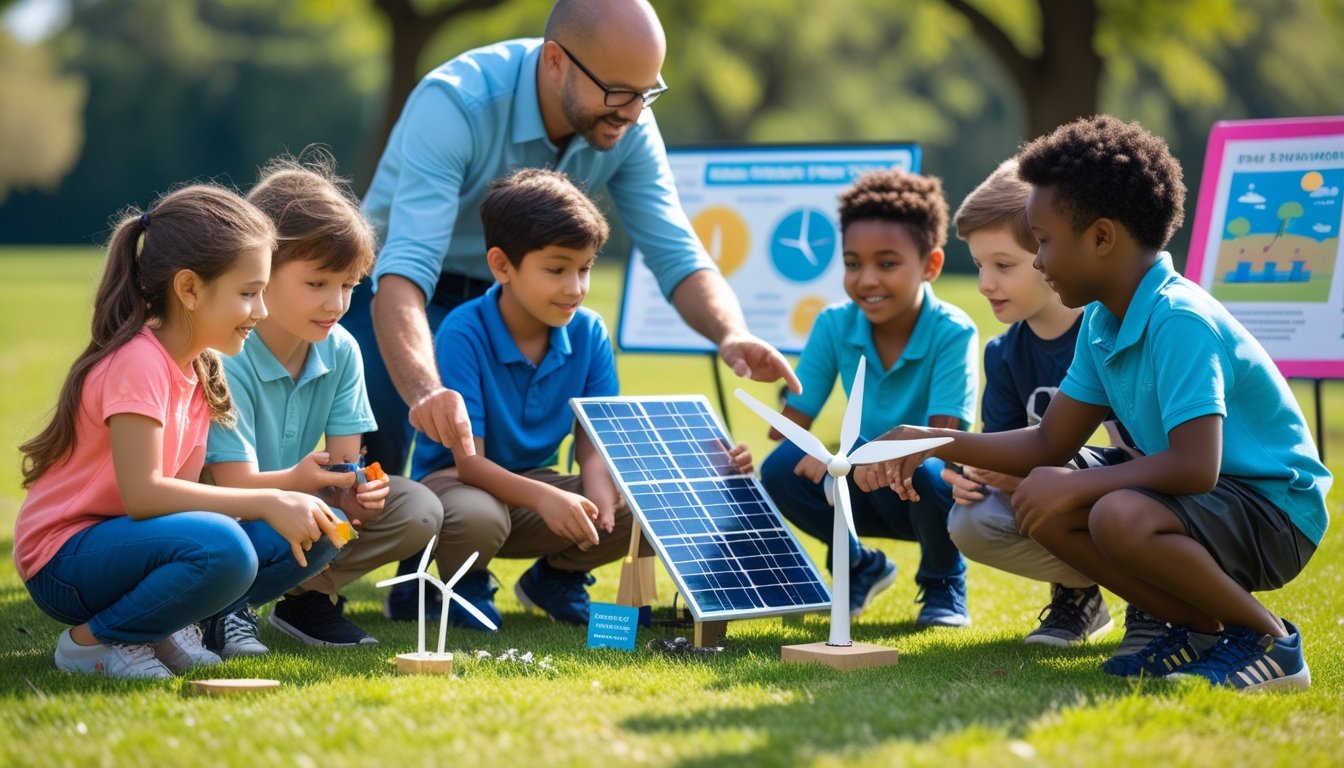 Children outdoors learning about renewable energy with a solar panel and wind turbine model, guided by an adult educator.