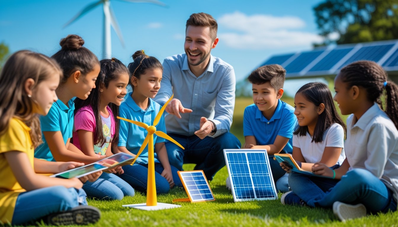 A group of children outdoors learning about renewable energy with a model wind turbine and solar panels, guided by an adult educator.