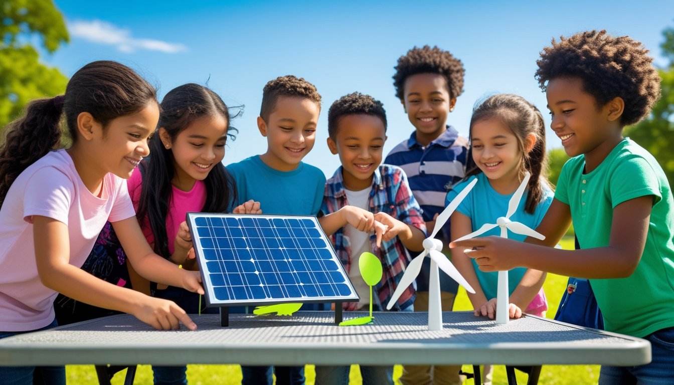 Children outdoors exploring solar panel and wind turbine models in a sunny park setting.