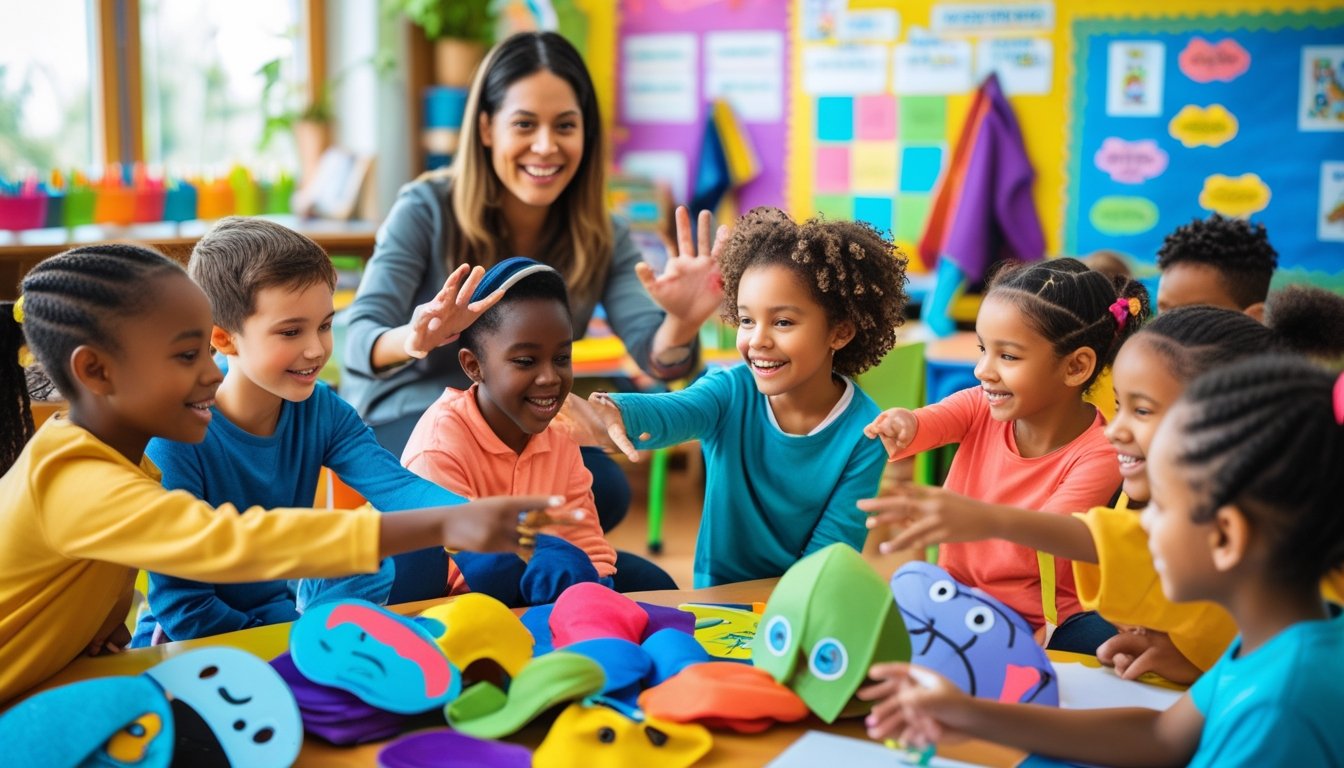 Children and a teacher participating in a drama activity together in a bright classroom.