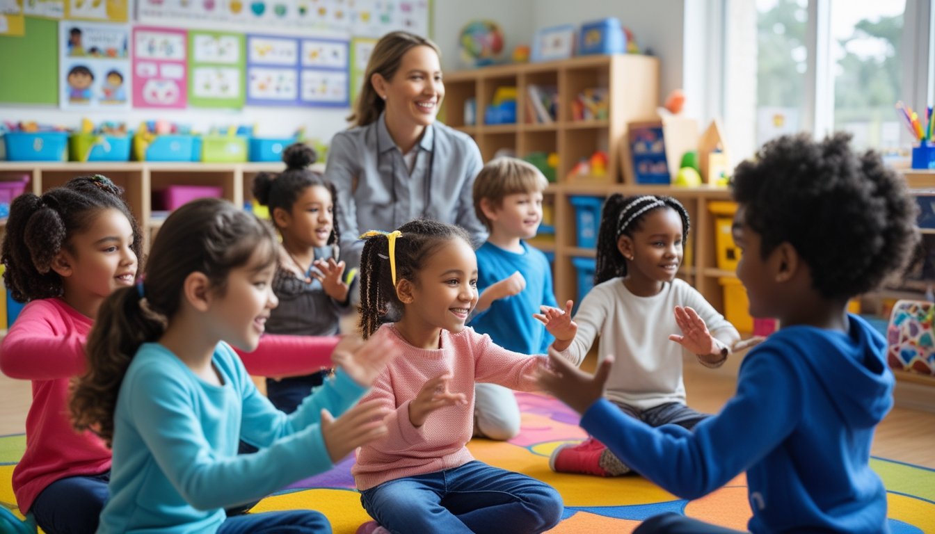 Children in a classroom actively participating in drama activities guided by a teacher.