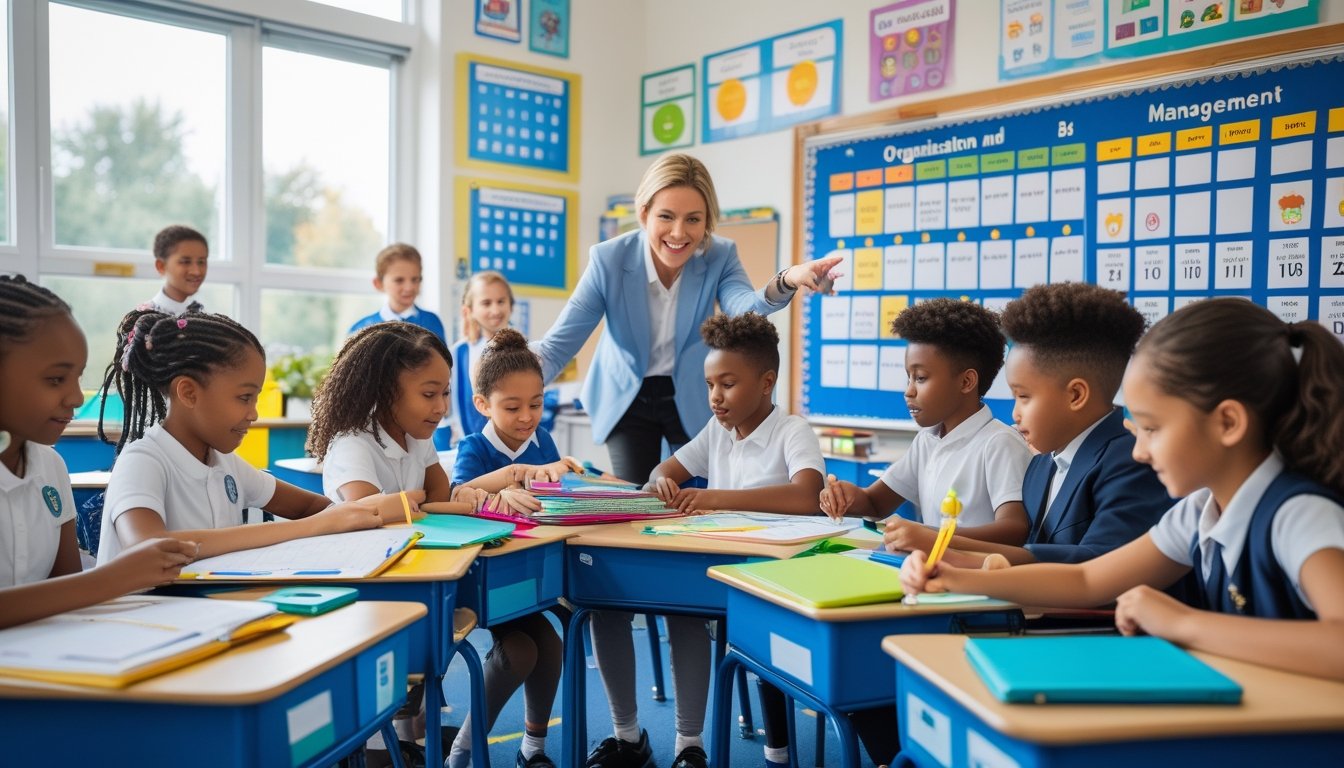 Schoolchildren in a classroom using planners and timers while a teacher guides them with a schedule chart on the wall.