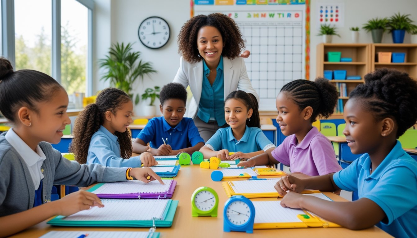 Schoolchildren and a teacher in a classroom using planners and timers to learn time management.