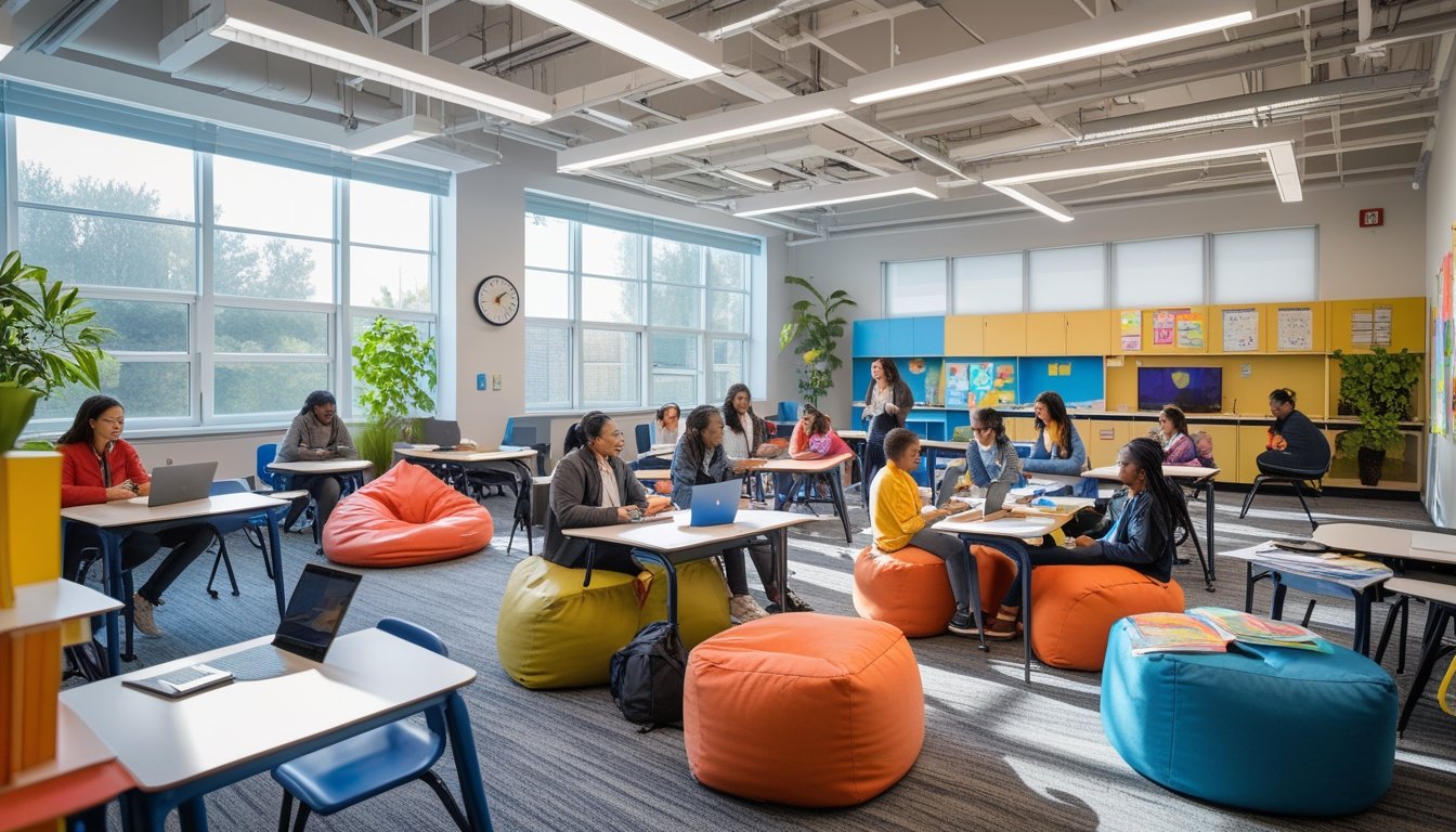 A modern classroom with movable desks, bean bags, and students working together in groups near large windows.