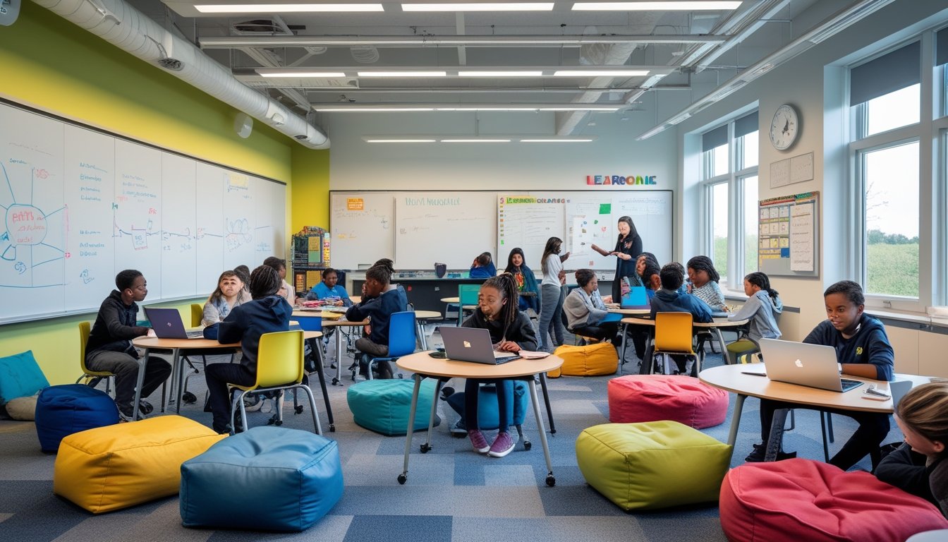 A modern classroom with movable desks and chairs, students working together in groups, and a teacher guiding them in a bright, open space.