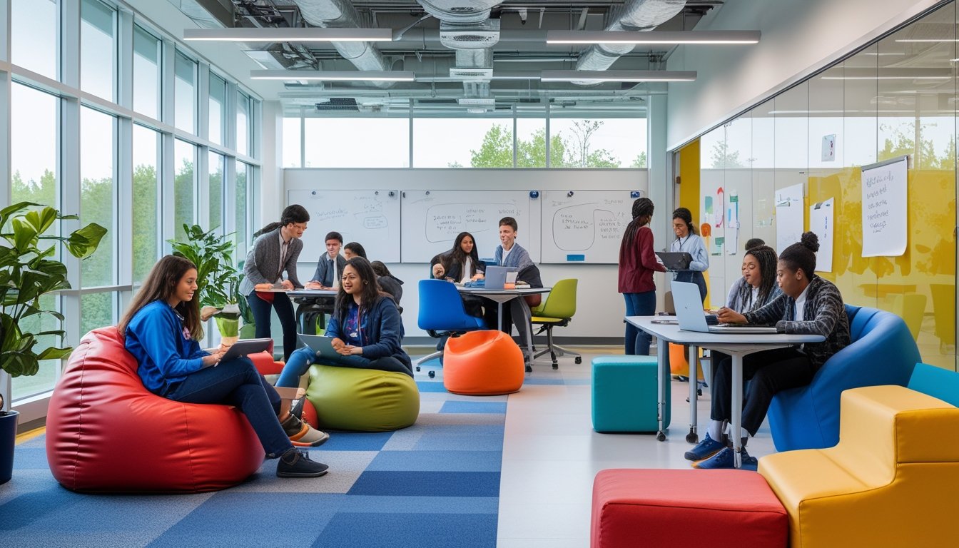 A bright modern classroom with diverse students and teachers using flexible furniture and technology in a collaborative learning environment.