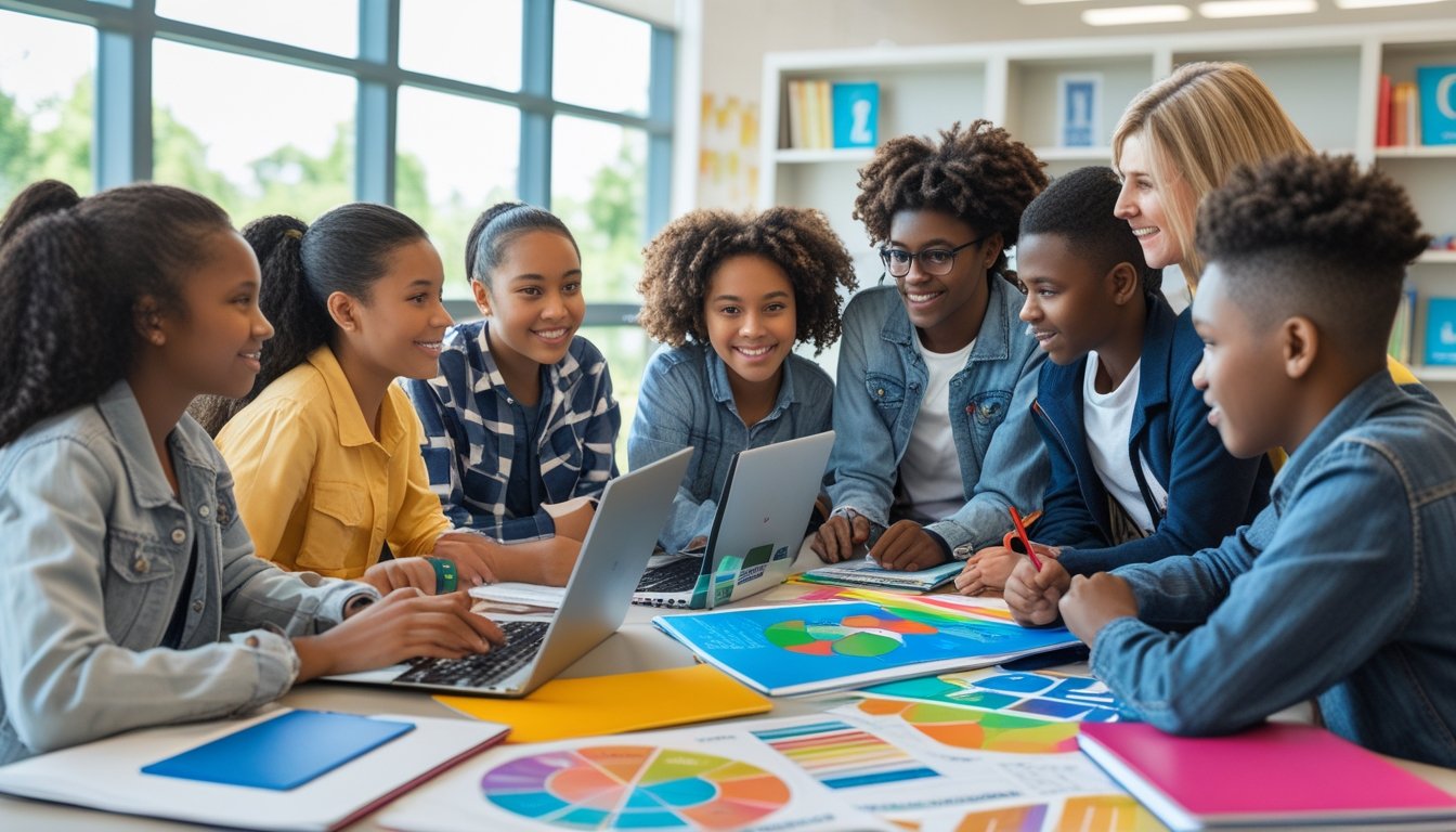 A group of young students and a teacher working together around a table with educational materials in a bright classroom.