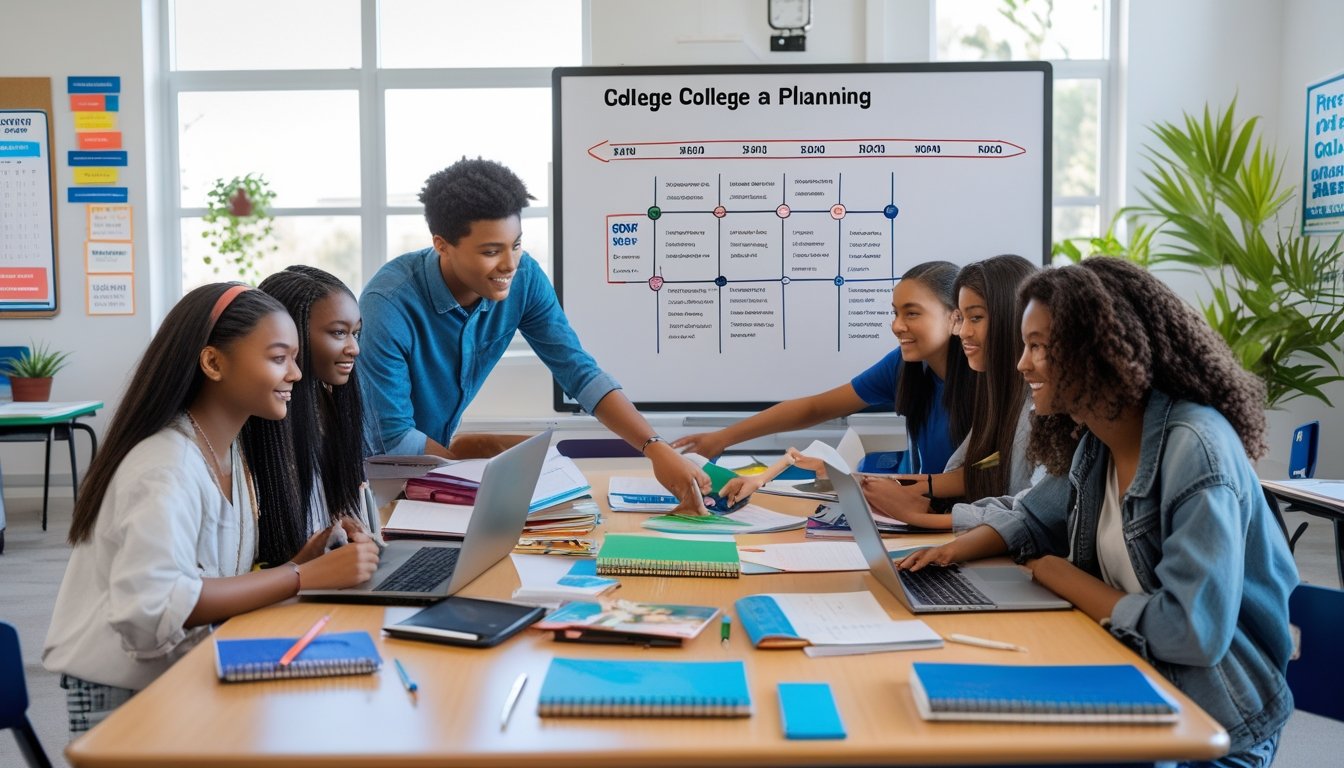 A group of young students and a teacher working together on college preparation in a classroom.